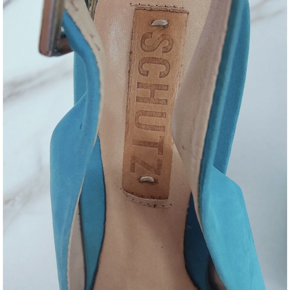 Schutz Turquoise Leather Textile Y2K Style Chunky Platform Peep Toe Heels, 7 - Picture 7 of 15